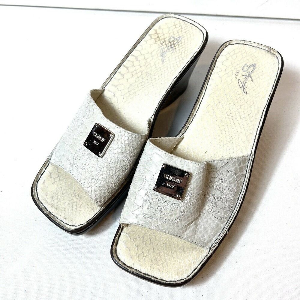 Sharif Women Size 8M Wedge Heel Sandals Ivory Slip On Leather Snake Skin Design